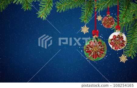 Christmas ornaments hanging on Christmas tree branches over blue background. Christmas and New Year greeting card with copy space for design. Christmas ornaments hanging on Christmas tree branches over blue background. Christmas and New Year greeting card with copy space for design. 108254165