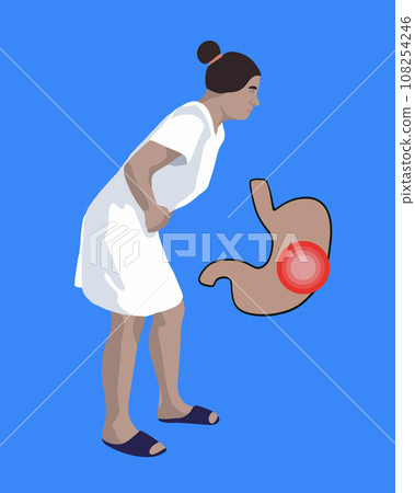 Vector isolated illustration of woman with stomach ache. The girl is holding her stomach. Stomach diseases. 108254246