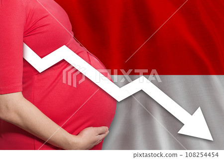 Close up photo of pregnant woman on national flag background. Falling fertility rate 108254454