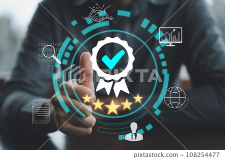 Standardizing products and services in business, ISO certification and quality auditor support. Businessman giving thumbs up to show certified assured service. Performance evaluation customer feedback Standardizing products and services in business, ISO certification and quality auditor support. Businessman giving thumbs up to show certified assured service. Performance evaluation customer feedback 108254477