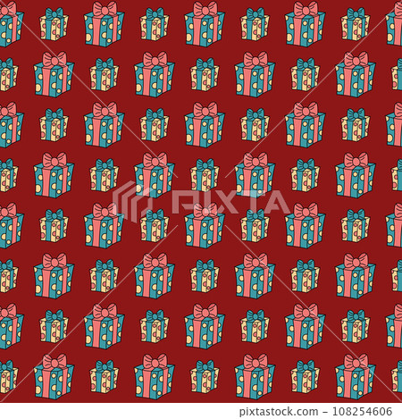Christmas gifts pattern. Vector seamless background with cute doodle giftboxes. Festive Xmas, New Year, Birthday or other holidays pattern for wrapping, fabric. Illustration of cartoon present box 108254606