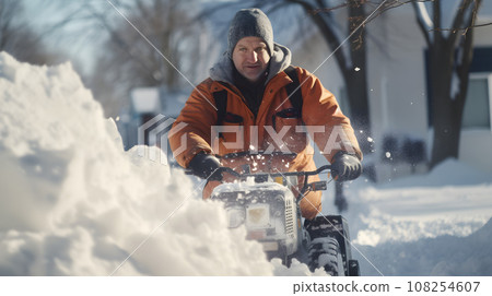A man removes snow with a snow plow 108254607