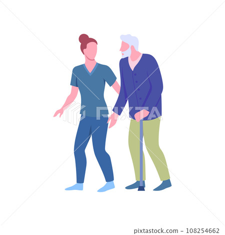 Cartoon Color Characters Doctor or Nurse Taking Care of a Senior Patient Social Service Concept Flat Design Style. Vector illustration Cartoon Color Characters Doctor or Nurse Taking Care of a Senior Patient Social Service Concept Flat Design Style. Vector illustration 108254662