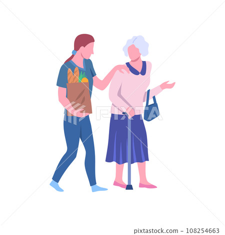 Cartoon Color Characters Nurse Taking Care of Grandmother Social Service Concept Flat Design Style. Vector illustration of Bag of Food Giving 108254663