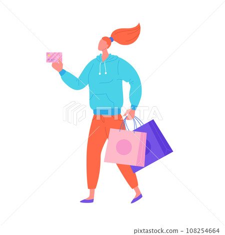Cartoon Color Character Girl Shopping with Credit Card and Paper Bags Concept Flat Design Style. Vector illustration 108254664