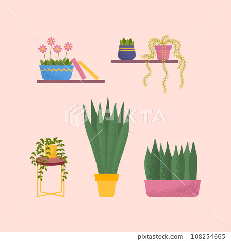 Cartoon Color Different Types Houseplant Set Interior Concept Flat Design Style. Vector illustration of Green House Plant Cartoon Color Different Types Houseplant Set Interior Concept Flat Design Style. Vector illustration of Green House Plant 108254665
