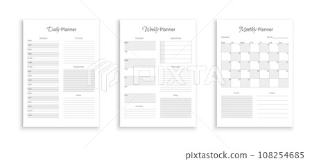 Different Minimalist Planner Page Templates Set for Month, Week and Day. Vector illustration of Business Schedule Different Minimalist Planner Page Templates Set for Month, Week and Day. Vector illustration of Business Schedule 108254685