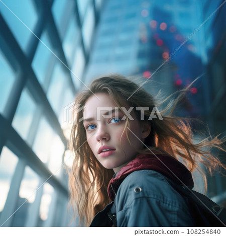 Close-up of a young woman with windswept hair against a backdrop of modern glass architecture 108254840