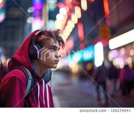 Teenage boy with headphones immersed in music against a backdrop of neon-lit city streets at night Teenage boy with headphones immersed in music against a backdrop of neon-lit city streets at night 108254841