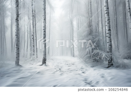 Beautiful white birch forest covered with snow in soft misty winter daylight Beautiful white birch forest covered with snow in soft misty winter daylight 108254846