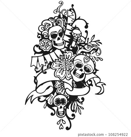 Black and white skulls, calavera Catrina, dia de muertos, vector illustration 108254922