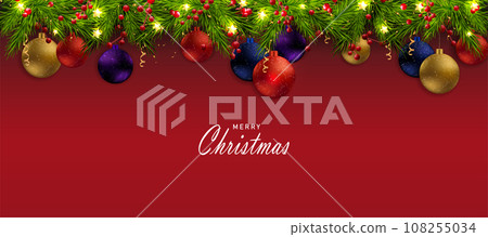 Christmas illustration with Christmas tree garland on red background Christmas illustration with Christmas tree garland on red background 108255034