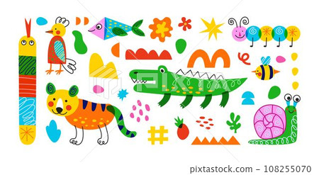 Childish animals. Doodle figure characters. Cute fun children imagination. Funny monster. Abstract shapes. Color crocodile. Bee and tiger. Cartoon kids illustration. Vector abstract tidy elements set 108255070