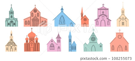 Catholic church. Vintage monastery. Religious architecture. Christians buildings with bell tower. Crosses on roofs. Color stone temples. Simple abbey. Jesus worship. Vector isolated flat chapels set 108255073