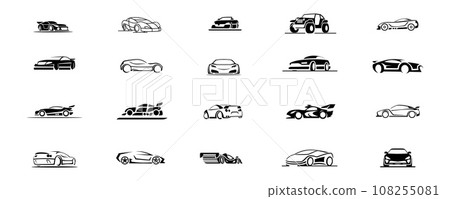 Auto logo. Car black silhouette. Motor garage company. Supercar drive symbols. Repair service. Automotive transport workshop. SUV and race vehicle. Outline modern sedan. Speed racing. Vector icons set Auto logo. Car black silhouette. Motor garage company. Supercar drive symbols. Repair service. Automotive transport workshop. SUV and race vehicle. Outline modern sedan. Speed racing. Vector icons set 108255081