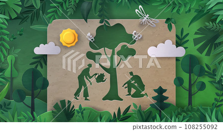 World environment. Green plant. Nature and ecology conservation. Origami foliage and craft paper silhouette carving. Eco energy. People planting tree. Save earth. Forest leaves. Vector exact concept 108255092