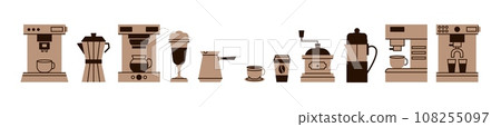 Coffee tools. press machine for breakfast beverage. Filter and cold brew methods. Caffeine drink appliance. Kitchen equipment. Cappuccino maker. Espresso cup. Vector barista tidy elements set Coffee tools. press machine for breakfast beverage. Filter and cold brew methods. Caffeine drink appliance. Kitchen equipment. Cappuccino maker. Espresso cup. Vector barista tidy elements set 108255097