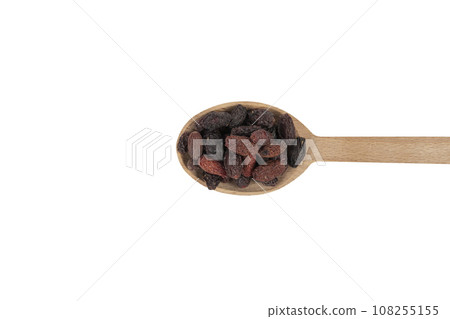 Dogwood or Cornel fruit herb used in herbal medicine on wooden spoon isolated on white background. Herbs. Alternative medicine. Dogwood or Cornel fruit herb used in herbal medicine on wooden spoon isolated on white background. Herbs. Alternative medicine. 108255155