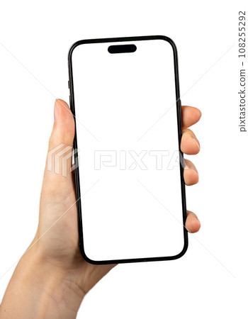 Berlin, Germany October 20 2023 Hand holding mobile phone mockup, smartphone screen, iphone 14 pro display mock up, isolated on white 108255292
