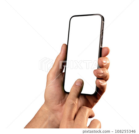 Finger clicking, tapping on blank white mobile screen mockup, smartphone mock up 108255346