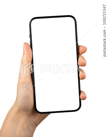 Hand holding mobile phone mockup, smartphone screen mock up, isolated on white background Hand holding mobile phone mockup, smartphone screen mock up, isolated on white background 108255347