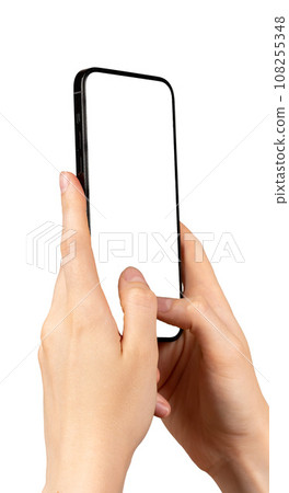 Hand holding mobile phone mockup, texting, typing, messaging with fingers on smartphone screen 108255348