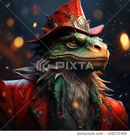 Green dragon wearing red new year hat, symbol of new year 2024, chinese new year, fantastic fairy-tale lizard, creative avatar 108255400