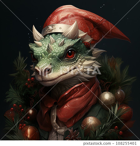 Green dragon wearing red new year hat, symbol of new year 2024, chinese new year, fantastic fairy-tale lizard, creative avatar 108255401