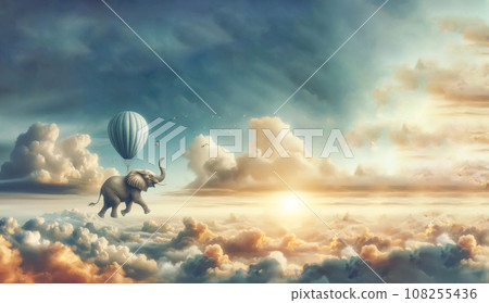 Huge Elephant floating or flying with air balloon with sky and clouds background.Fantastic surreal fantasy illustration.Freedom concept.Imagination.Surrealism. Dream.Banner. Generative AI 108255436