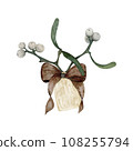 Christmas composition from mistletoe branches. Tag for inscription with brawn ribbon. Isolated watercolor illustration 108255794