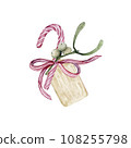 Christmas composition from mistletoe branches. Christmas sweet lollipop. Tag for inscription with red ribbon. Isolated watercolor illustration 108255798