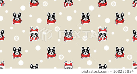 dog seamless pattern french bulldog Christmas scarf Santa Claus hat vector puppy pet doodle snowflake cartoon gift wrapping paper tile background repeat wallpaper illustration scarf isolated design 108255854