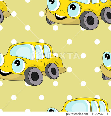 Seamless pattern with cute car on color background. Cartoot transport. Vector illustration. Doodle style. Design for baby print, invitation, poster, card, fabric, textile Seamless pattern with cute car on color background. Cartoot transport. Vector illustration. Doodle style. Design for baby print, invitation, poster, card, fabric, textile 108256101