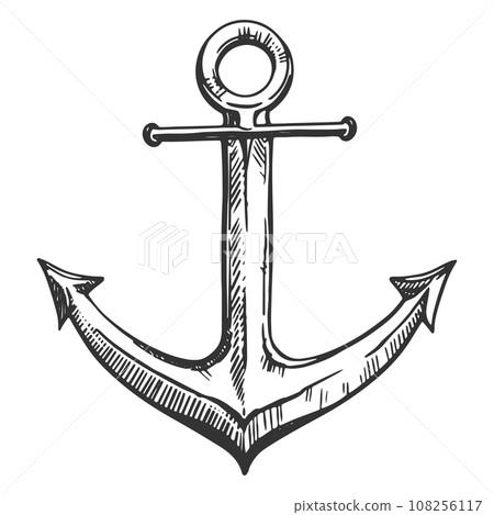 Antique sea anchor on a white background. Part of the equipment for the ship. Vector hand drawn illustration. Clipart for tattoo, emblem, logo, label. 108256117