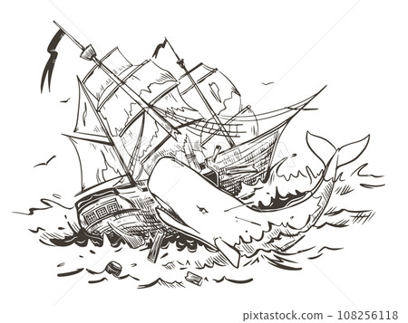 The white sperm whale attacks the ship. The mythical monster responsible for the shipwreck. Vector illustration in engraving style. Composition based on the legends of sailors. The white sperm whale attacks the ship. The mythical monster responsible for the shipwreck. Vector illustration in engraving style. Composition based on the legends of sailors. 108256118