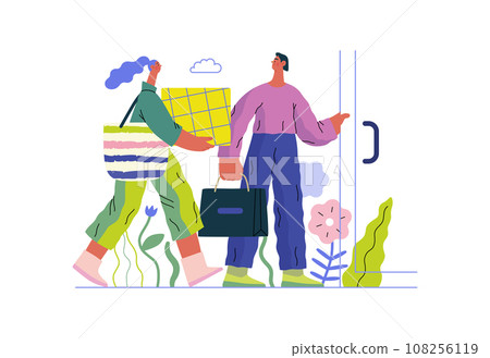 Mutual Support: Door Holding - modern flat vector concept illustration of woman carrying heavy box and man holding door for her. A metaphor of voluntary, collaborative exchanges of resource, services 108256119