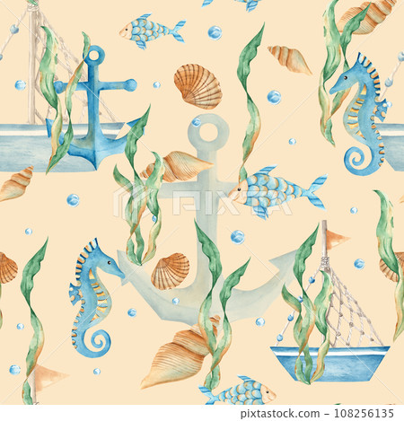 Watercolor under the sea hand drawn seamless pattern with cute fishes, seahorse, nautical anchor, seaweeds, red starfish, seashells, orange net, wooden steering wheel and water bubbles on beige 108256135