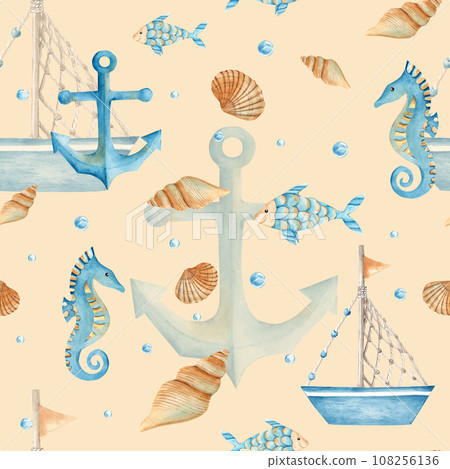 Watercolor sea seamless pattern with cute toy boat, ship, fishes, seahorse, nautical anchor, seashells and water bubbles on beige background. Hand drawn illustration. For fabric, textiles, baby Watercolor sea seamless pattern with cute toy boat, ship, fishes, seahorse, nautical anchor, seashells and water bubbles on beige background. Hand drawn illustration. For fabric, textiles, baby 108256136