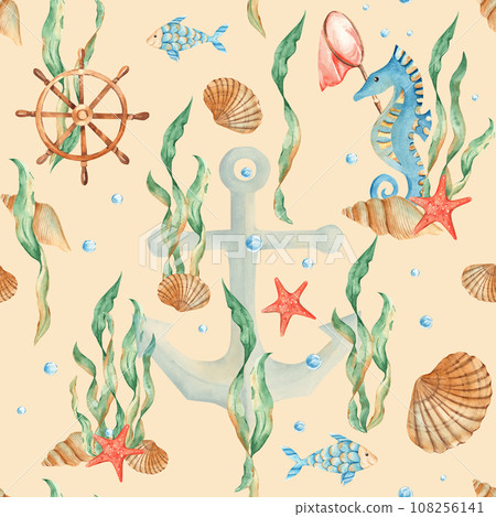 Watercolor under the sea hand drawn seamless pattern with cute fishes, seahorse, nautical anchor, seaweeds, red starfish, seashells, orange net, wooden steering wheel and water bubbles on beige 108256141