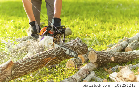 Hands of a man holding a chainsaw and saw logs. 108256212