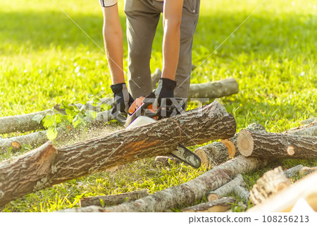 Hands of a man holding a chainsaw and saw logs. 108256213