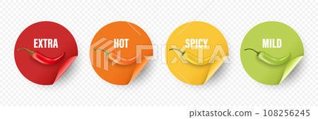 Realistic Vector Round Stickers with Spicy Chili Pepper Levels. Red, Orange, Yellow, Green Jalapeno Pepper Strength Scale Sticker Indicators with Mild, Spicy, Hot and Extra Positions 108256245
