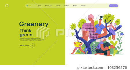 Greenery, ecology -modern flat vector concept illustration of people on a tree, surrounded by plants. Metaphor of environmental sustainability and protection, closeness to nature Greenery, ecology -modern flat vector concept illustration of people on a tree, surrounded by plants. Metaphor of environmental sustainability and protection, closeness to nature 108256276