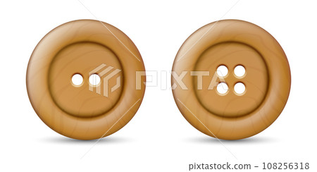 Vector 3d Realistic Wooden Button for Clothes Icon with Shadow Set Closeup Isolated. Fashion, Art, Needlework, Sewing, Scrapbooking Decor. Round Clothes Button Design Template, Top View 108256318