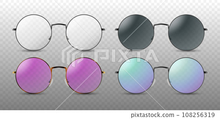 Vector Realistic Colorless, Black, Pink and Purple Round Frame Glasses Frame Set Closeup Isolated. Transparent Sunglasses for Women and Men. Optics, Lens, Vintage, Trendy Glasses. Front View 108256319