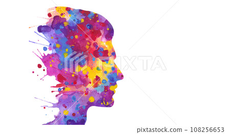 Illustration of human head silhouette with abstract watercolor splashes 108256653