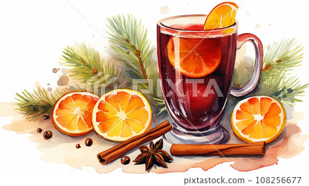 watercolor mulled wine drawn with Christmas tree and spices.Generative ai 108256677
