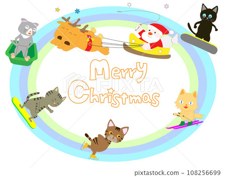 Santa Claus celebrates Christmas with cats enjoying winter sports. 108256699