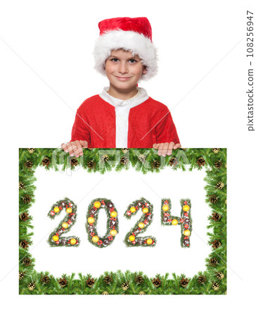 Santa Claus holds christmas poster and 2024 number Santa Claus holds christmas poster and 2024 number 108256947