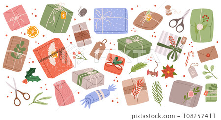 Set Christmas Gifts In Kraft Paper. Diy Rustic Present Boxes In Craft Wrappings With Twine Bows And Branches, Wreaths 108257411